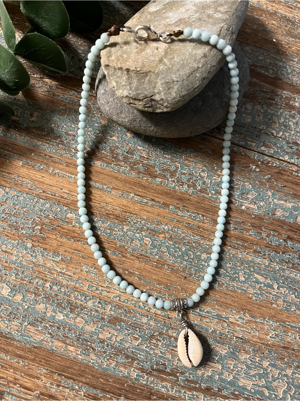 Amazonite gem beads w/ Shell Charm Necklace - Women Jewelry
